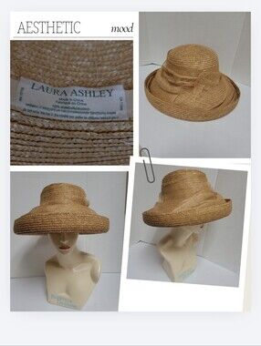 Laura Ashley Straw Sun Hat Wide Brim Mesh Overlay Natural Tan Vintage Style
